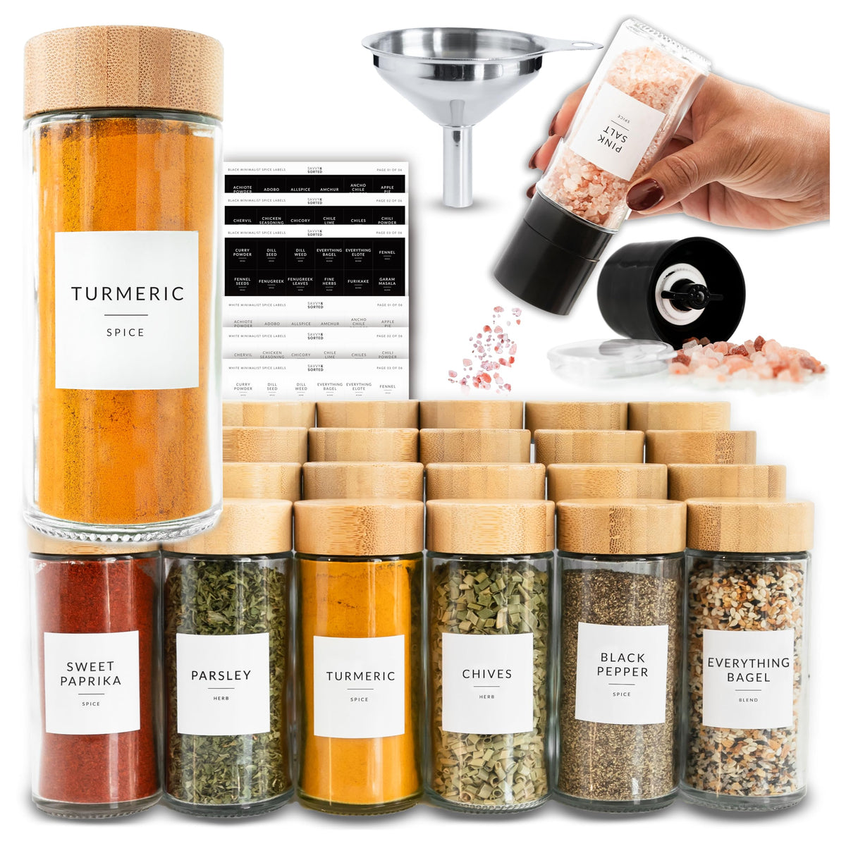 SAVVY & SORTED Glass Spice Jars with Label, 24PK Bamboo Jar Spices Set 4oz, 374 Spice Labels, Pepper Grinder, Empty Herb Seasoning Containers, Funnel and Shaker Lids