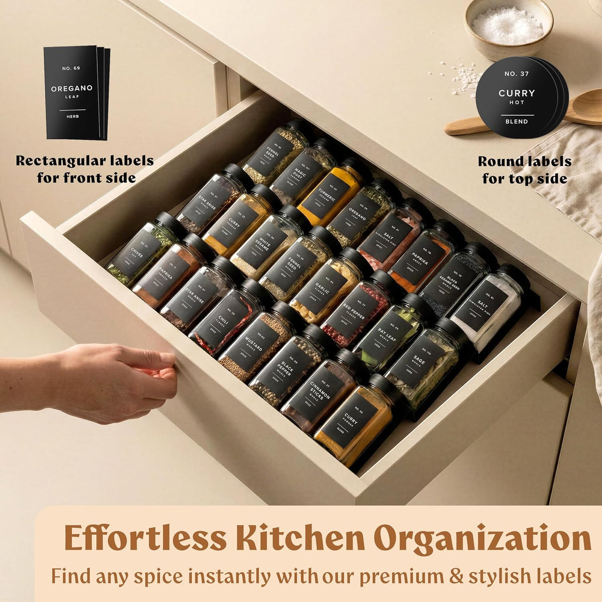 EDELHAUS Glass Spice Jars with Labels, 24x Matte Black Lids - 4oz Set