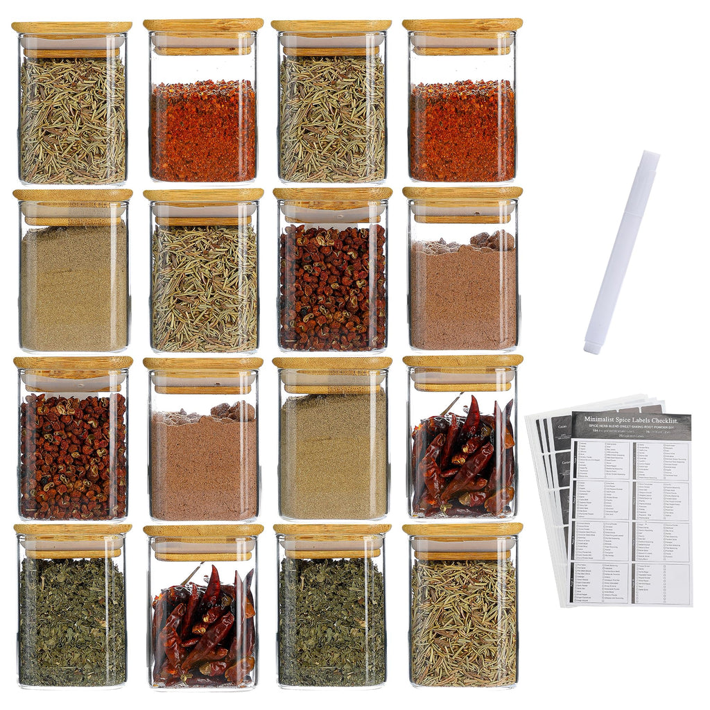 12Pcs 9oz Spice Jars Glass Container with 275 Labels, Airtight Seasoning Empty Organizer with Bamboo Lid Set for Food Storage, Salt, Sugar