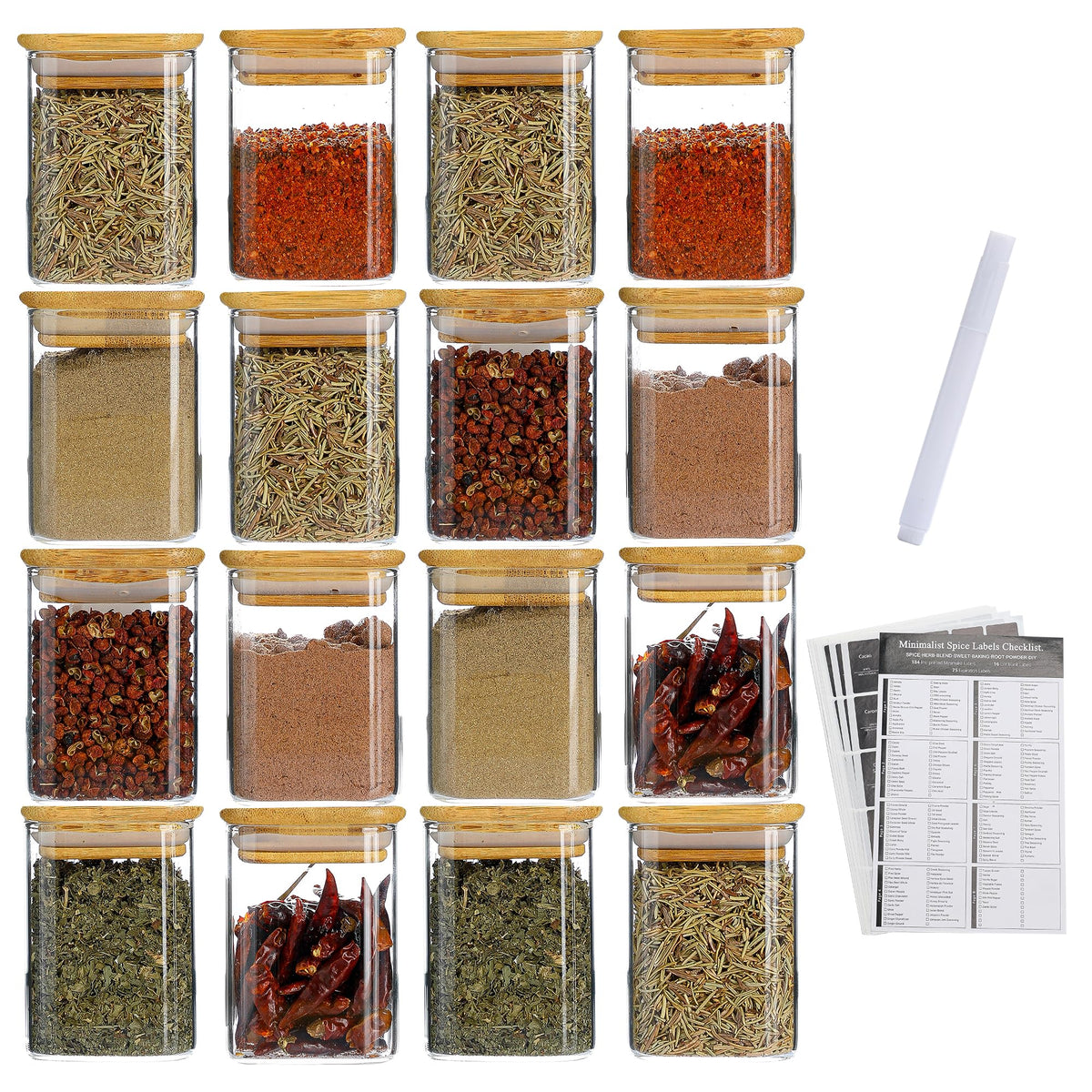 12Pcs 9oz Spice Jars Glass Container with 275 Labels, Airtight Seasoning Empty Organizer with Bamboo Lid Set for Food Storage, Salt, Sugar