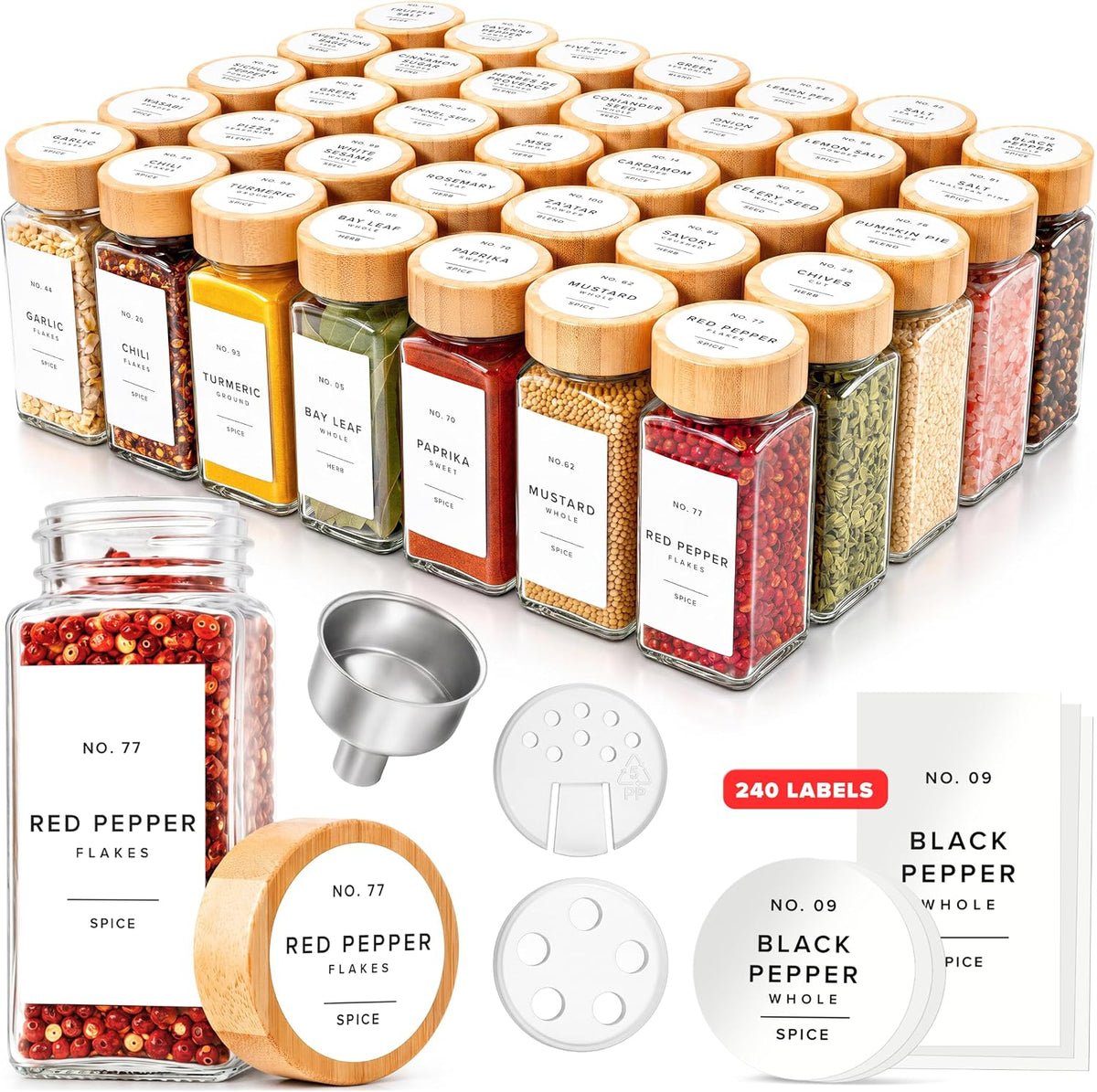 EDELHAUS Glass Spice Jars with Label, 36x Bamboo Wooden Lids - White Labels