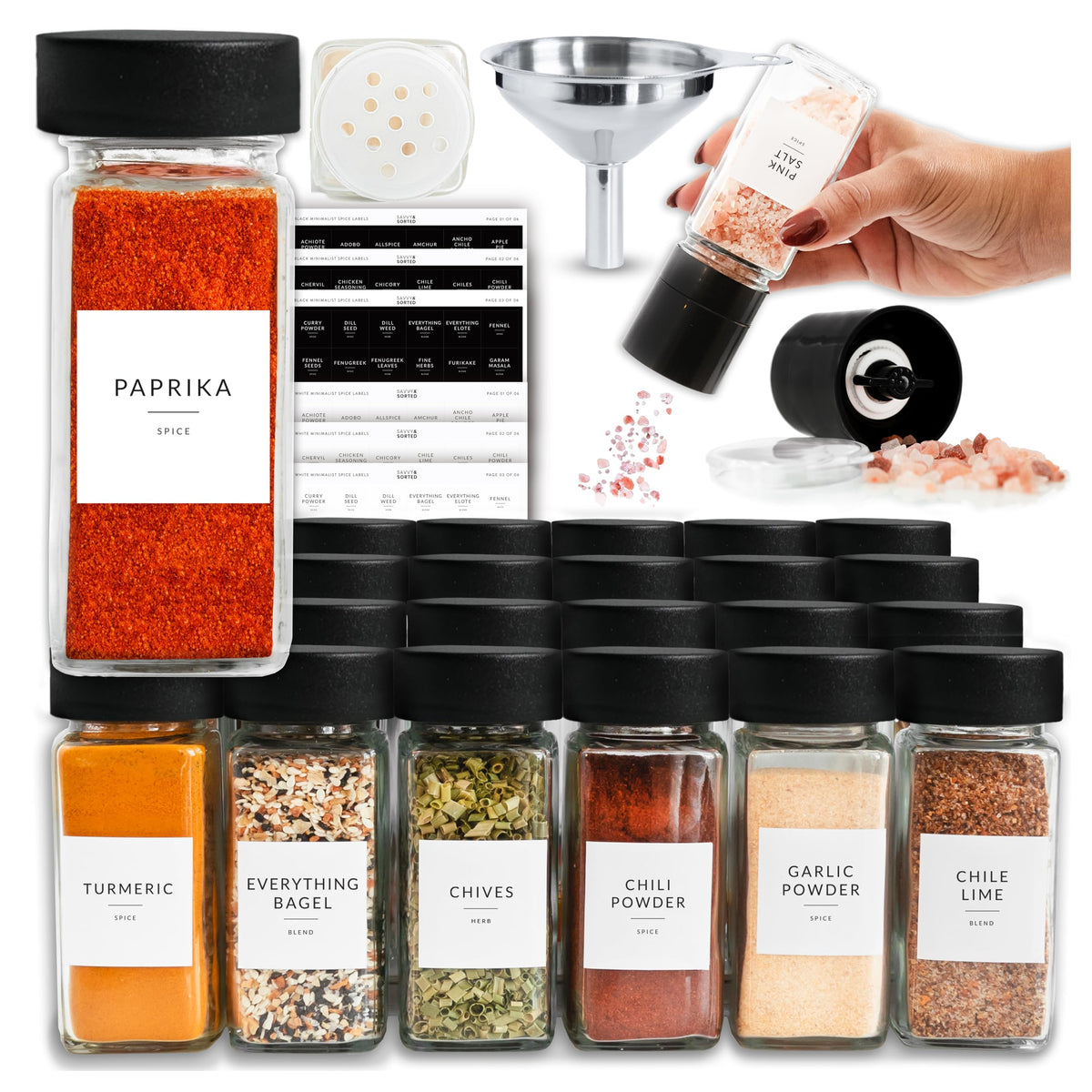 SAVVY & SORTED Glass Spice Jars with Label, 24PK Bamboo Jar Spices Set 4oz, 374 Spice Labels, Pepper Grinder, Empty Herb Seasoning Containers, Funnel and Shaker Lids