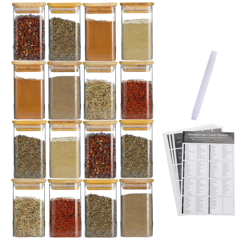12Pcs 9oz Spice Jars Glass Container with 275 Labels, Airtight Seasoning Empty Organizer with Bamboo Lid Set for Food Storage, Salt, Sugar