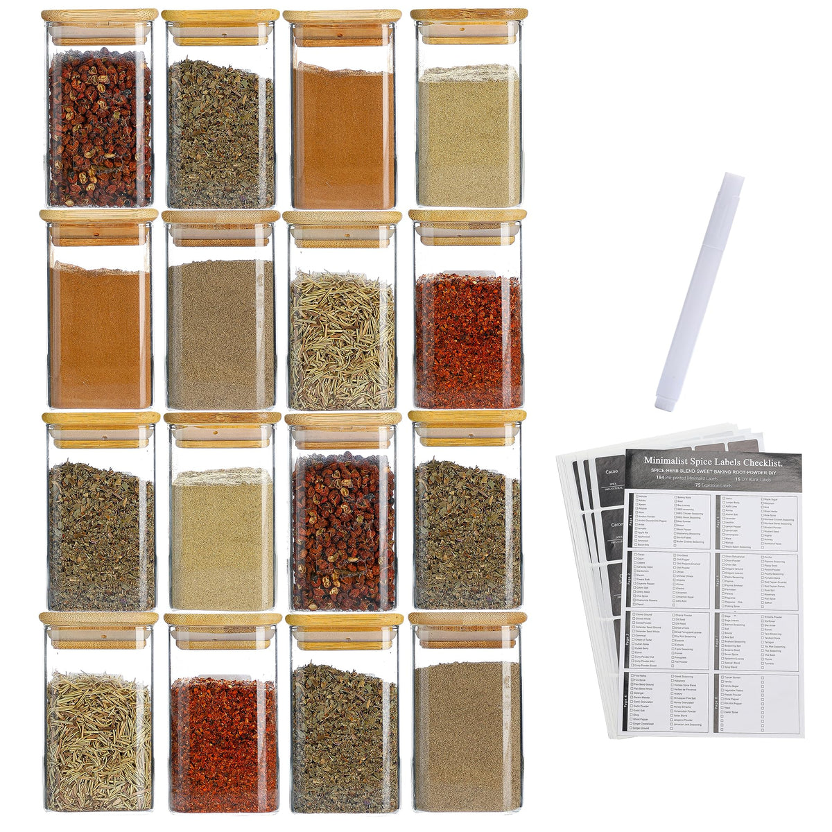 12Pcs 9oz Spice Jars Glass Container with 275 Labels, Airtight Seasoning Empty Organizer with Bamboo Lid Set for Food Storage, Salt, Sugar