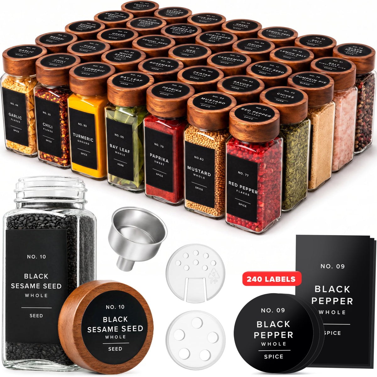 EDELHAUS Glass Spice Jars with Label, 24x Acacia Wooden Lids - Black Labels