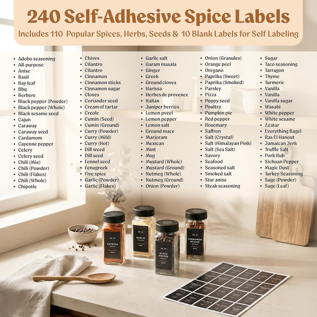 EDELHAUS Glass Spice Jars with Labels, 24x Matte Black Lids - 4oz Set