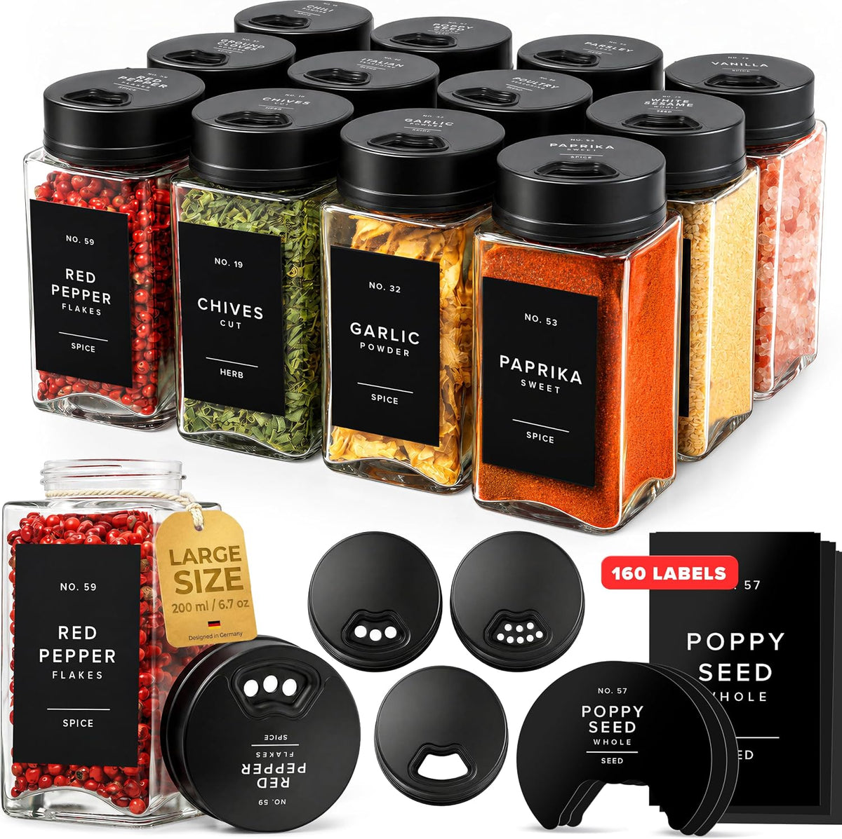 EDELHAUS Large Glass Spice Jars with Label, 12x 6.7oz Rotating Lids