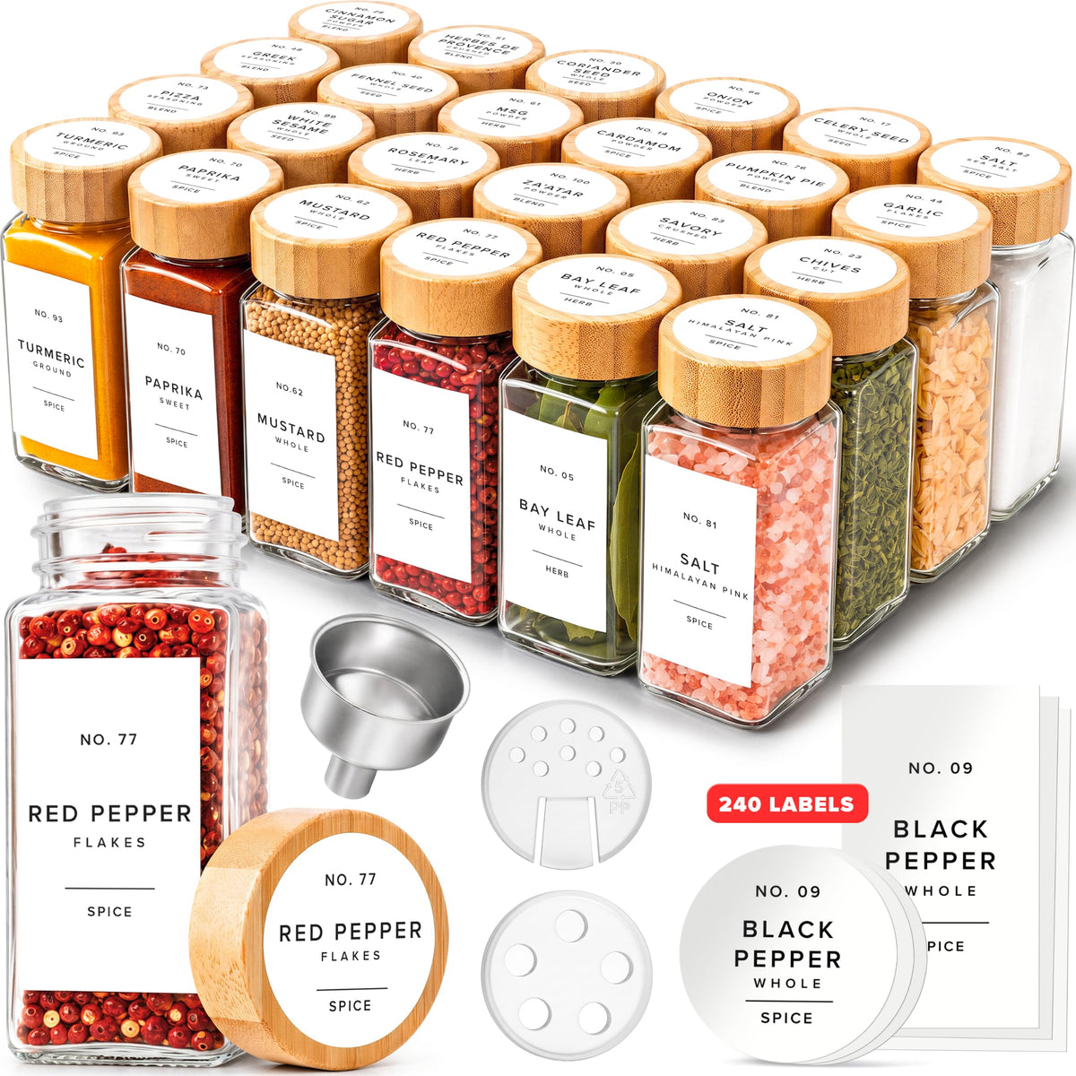 EDELHAUS Glass Spice Jars with Label, 36x Bamboo Wooden Lids - White Labels
