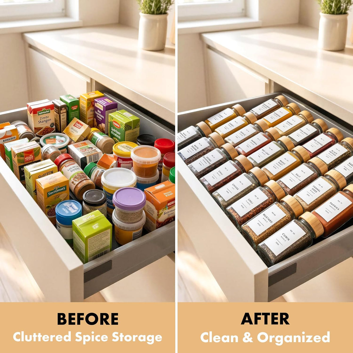 EDELHAUS Glass Spice Jars with Label, 36x Bamboo Wooden Lids - White Labels